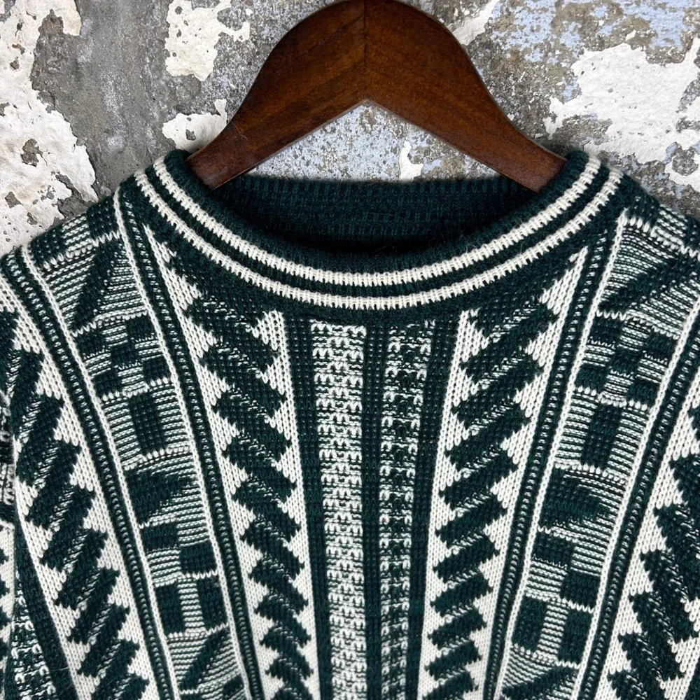 Vintage Geometric Knit Sweater Dark Green Cream Retro Pullover Mens Large